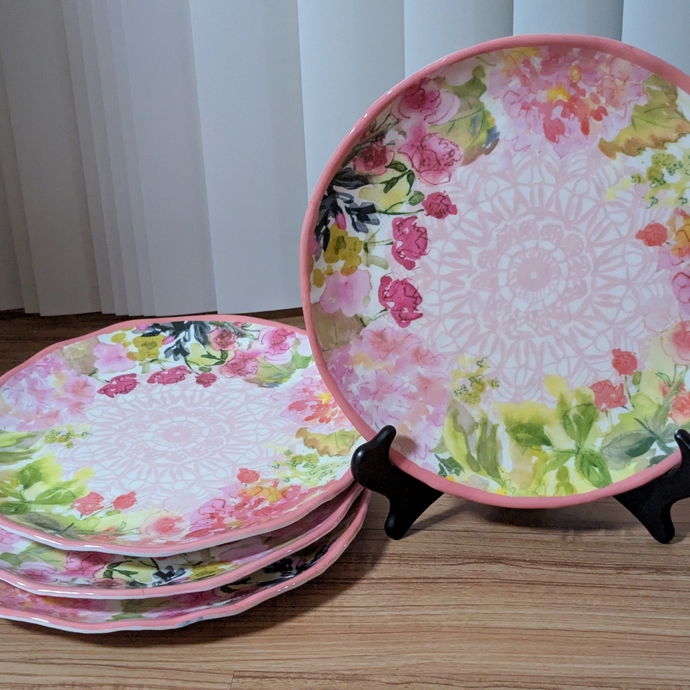 S463 Floral Pink and Green Melamine Dinner Plates 11in Set of 4